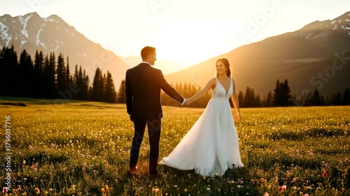 Couple dances in a golden meadow during a sunset wedding.