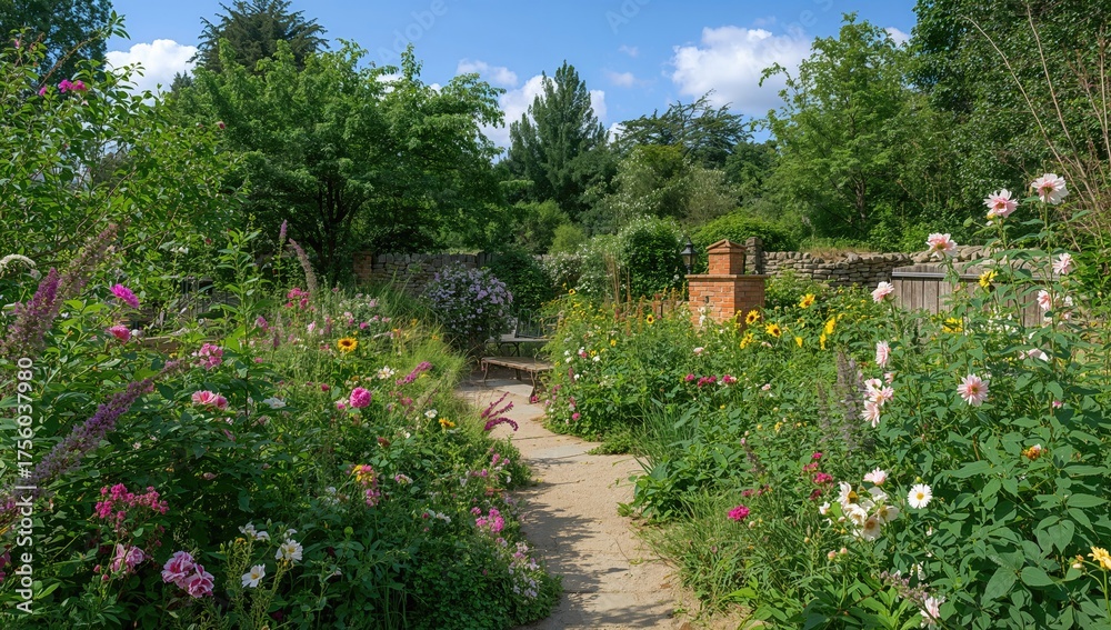 Naklejka premium Pink garden flowers in a lush green setting