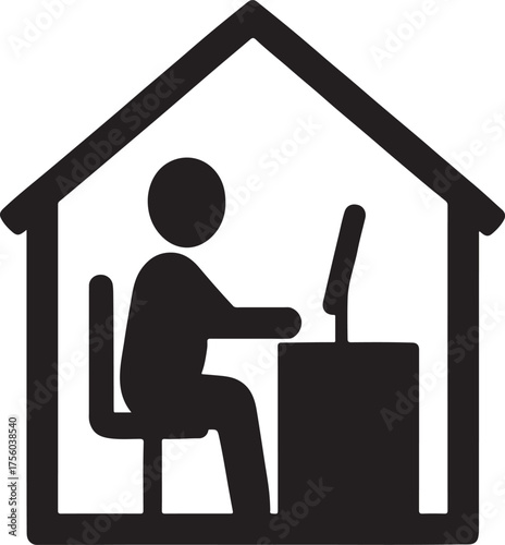 Person silhouette inside home with computer desk symbolizing remote work and productivity.