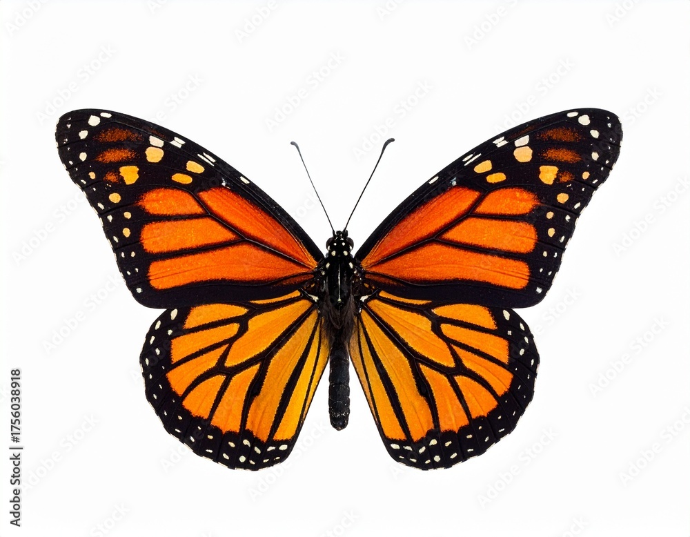 Fototapeta premium Bright monarch butterfly resting with spread wings on a white background