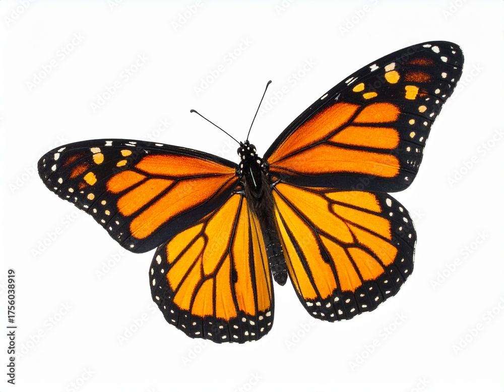 Fototapeta premium Beautiful monarch butterfly resting on a white surface with vibrant orange and black wings reflecting sunlight