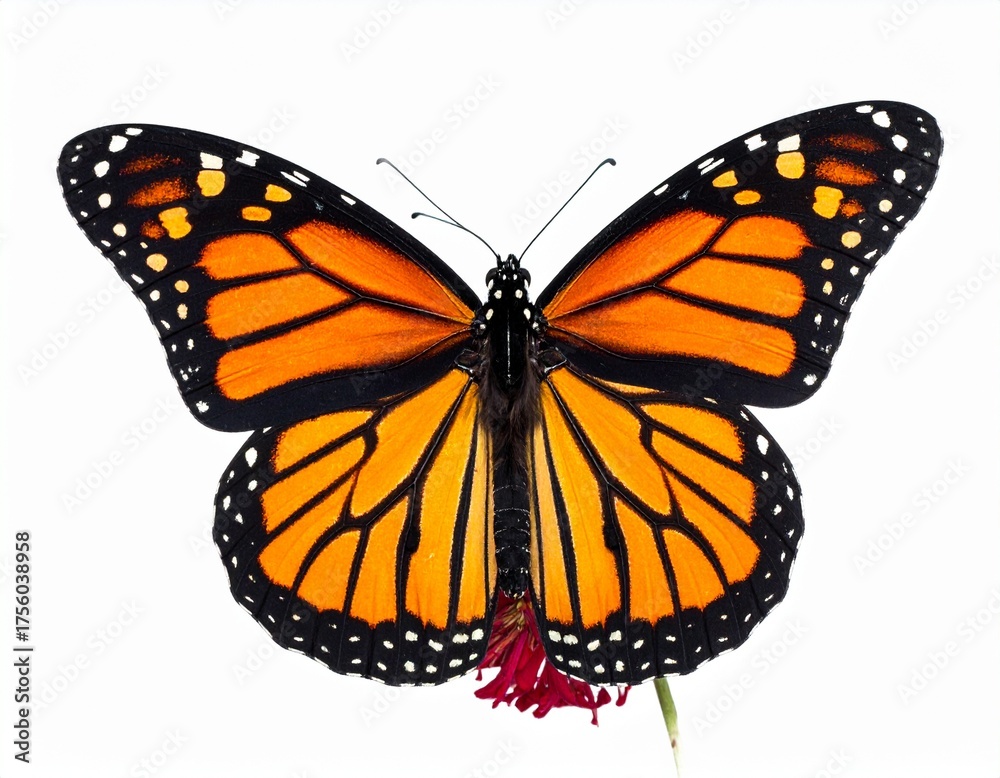 Obraz premium Brightly colored monarch butterfly resting on a flower against a white background