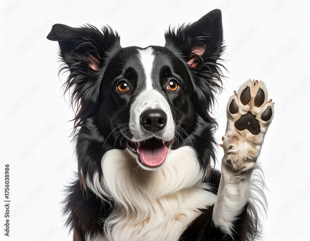 Fototapeta premium Friendly border collie sitting and raising one paw in a playful pose against a neutral background
