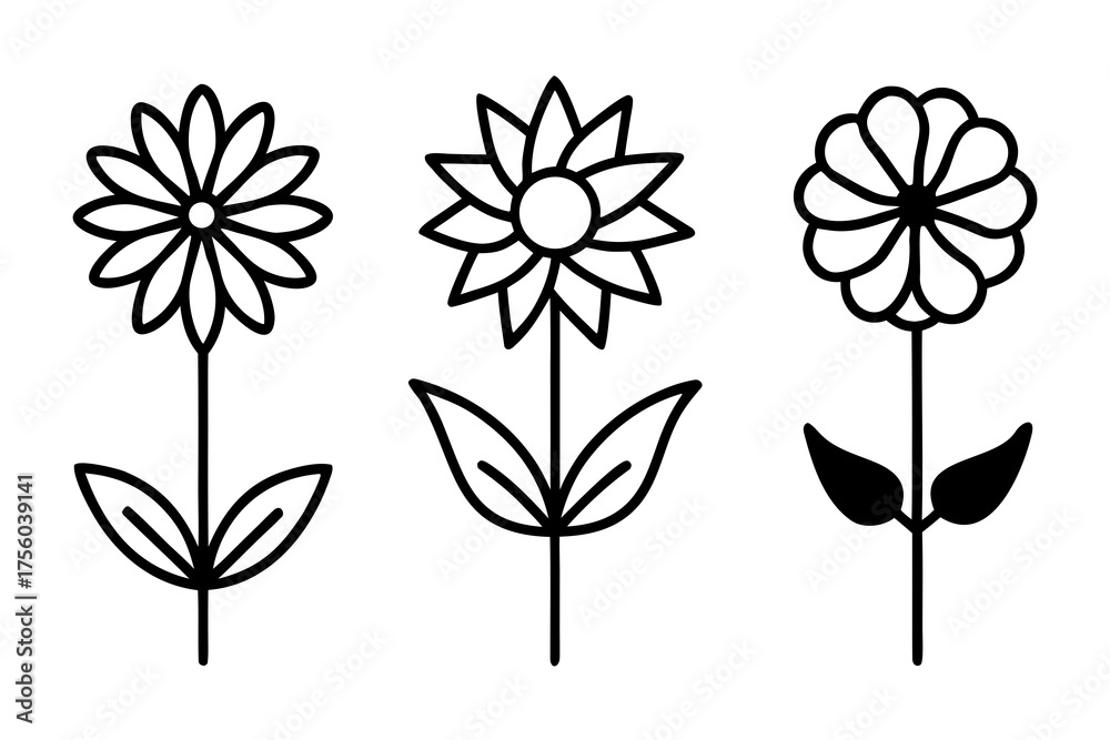 Obraz premium Three simple black and white line art flowers with stems and leaves design