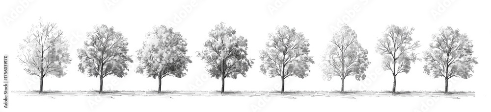 Fototapeta premium Trees in pencil drawing illustration with white background, isolated for design