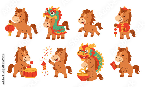 A set of cartoon horses with different costumes and one holding a lantern. Scene is festive and celebratory. Chinese New Year is the Year of the Horse.