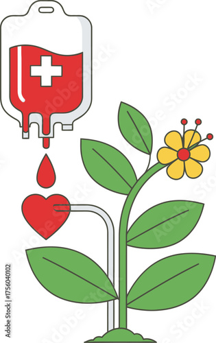 A blood bag is connected to a heart, which feeds a plant with a flower.