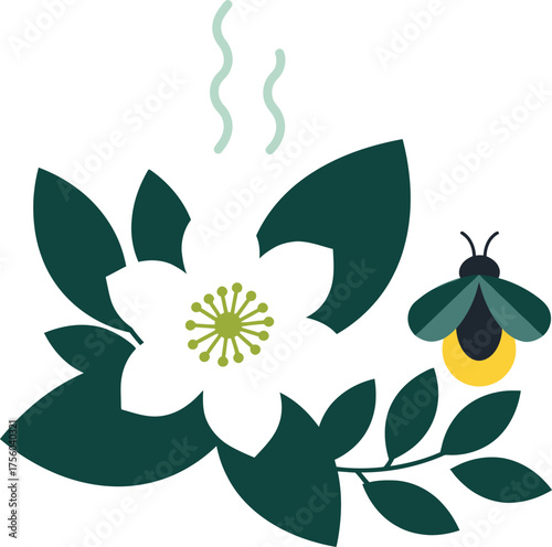 Minimalist design of a flower with leaves and a firefly on white.