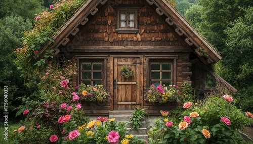 Fototapeta Naklejka Na Ścianę i Meble -  Traditional-style wooden cottage adorned with flowers