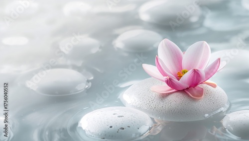Serene pink magnolia blossom floating with smooth white pebbles, symbolizing holistic spa care for mental and physical beauty, massage, zen stones in a tranquil water setting, panoramic banner