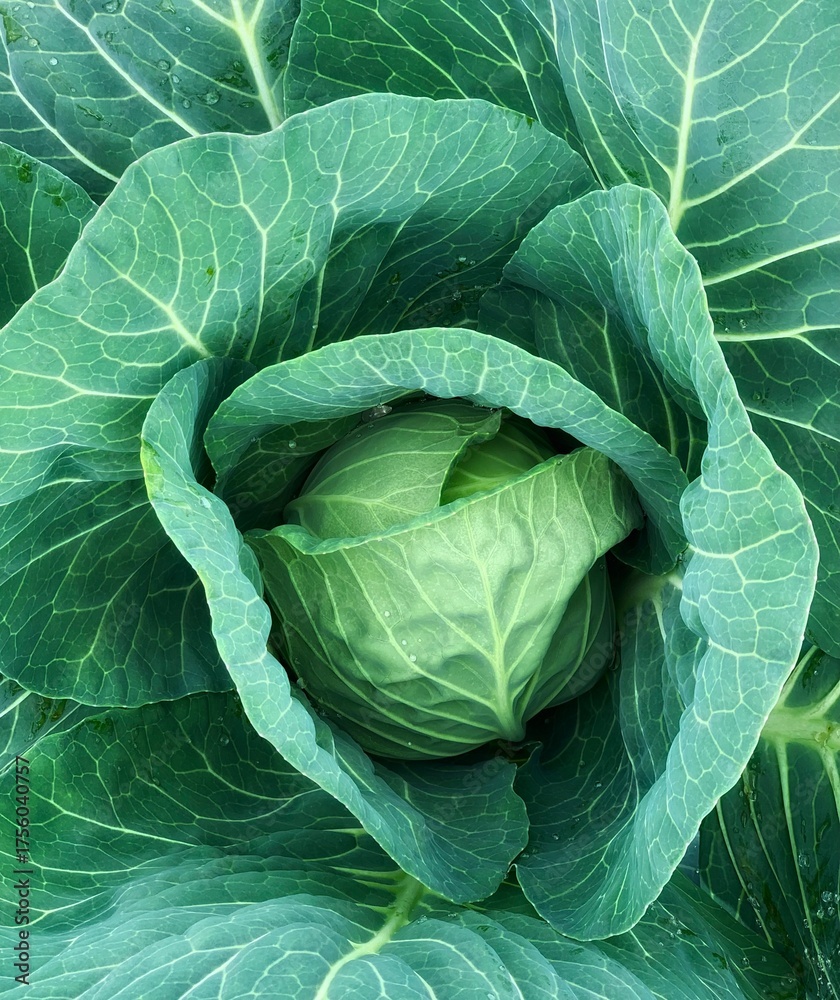 Fototapeta premium Green leaf background in close-up, natural foliage texture for eco design. Fresh young cabbage close-up, natural green vegetable texture, healthy organic food background.