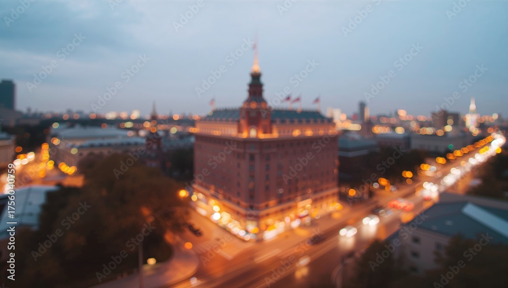 Fototapeta premium Out-of-focus photo of a hotel during twilight.