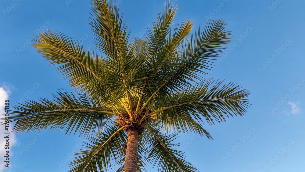 Fototapeta premium View from beneath a coconut palm canopy under a bright blue sky