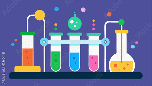 Beauty Lab A whimsical illustration of a laboratory setup where colorful test tubes contain exosomeenriched serums emphasizing scientific research and development.