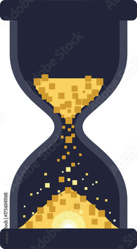 An hourglass with pixelated golden sand flowing down.