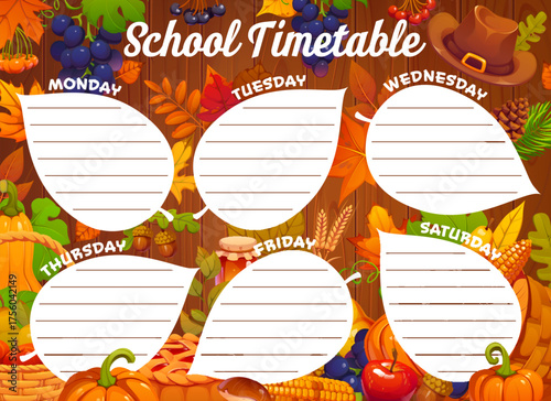School education timetable schedule with autumn fall season leaves and Thanksgiving harvest on wooden background. Educational kids time table template for lessons and classes, weekly planner frame