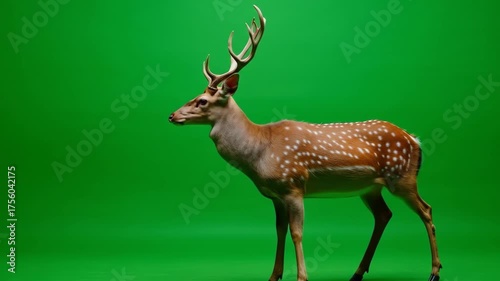 Spotted deer standing and alert on green screen background