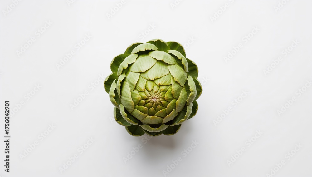 Fototapeta premium Creative arrangement of green artichoke on a white surface. Overhead view. Culinary theme.