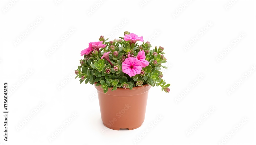 Obraz premium Charming tiny pink kalanchoe succulents blooming in a brown plastic container on a white backdrop with clipping path.