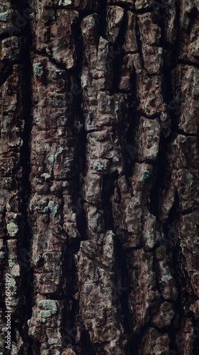 Bark of big tree trunk texture. Nature surface pattern. Close-up rough natural detail in vertical shot.
