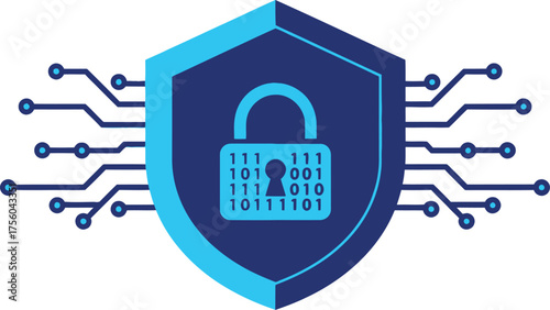 Digital security shield with padlock and binary code. Modern, flat .