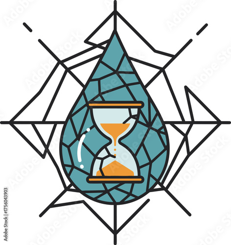 An hourglass inside a cracked water drop on a geometric background.