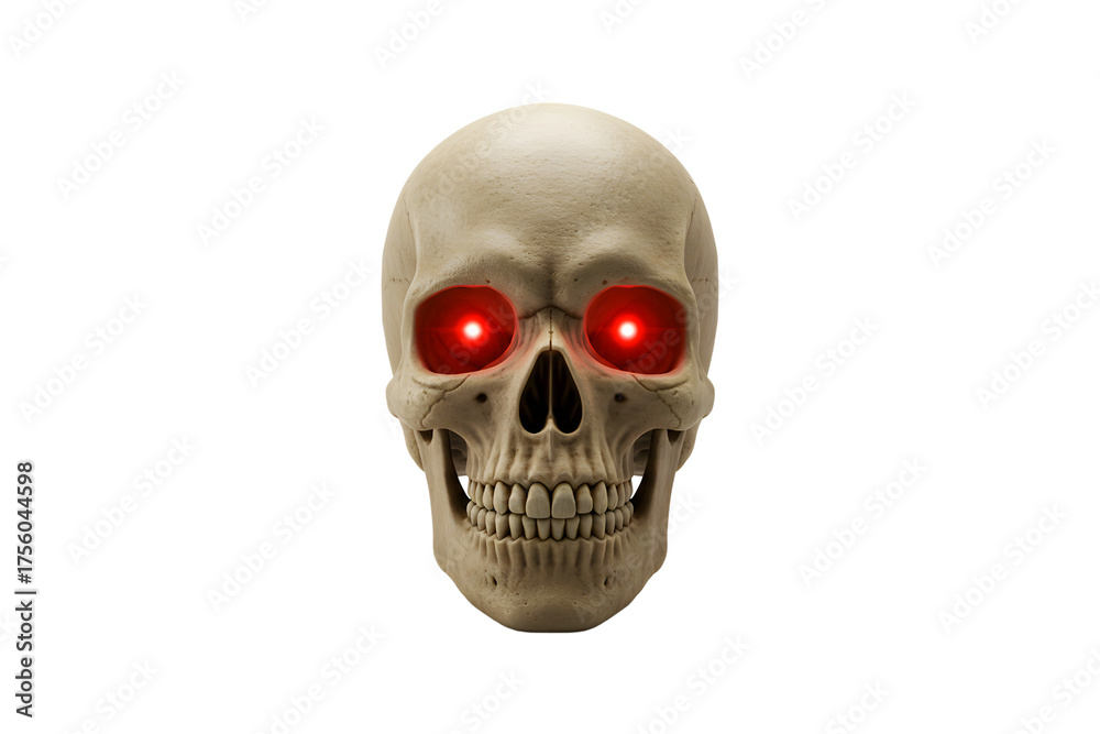 Obraz premium Halloween skull with glowing red eyes, placed on white background, dramatic lighting, realistic 3D render.