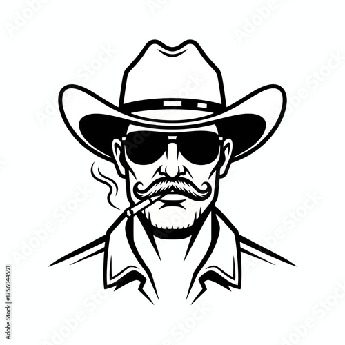 Monochrome illustration of a cowboy with sunglasses smoking a cigarette.