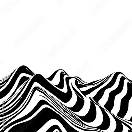 High Contrast Black and White Abstract Wave Pattern with Optical Illusion of 3D Undulating Landscape