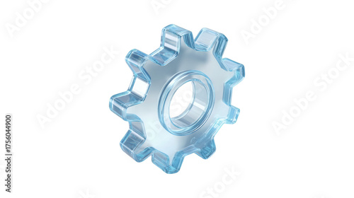 A single three dimensional gear icon made of clear blue glass is isolated against a transparent background representing settings or mechanics