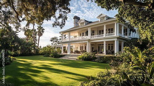 Luxury real estate home mansion with green lawn and tropical trees exterior architecture design view