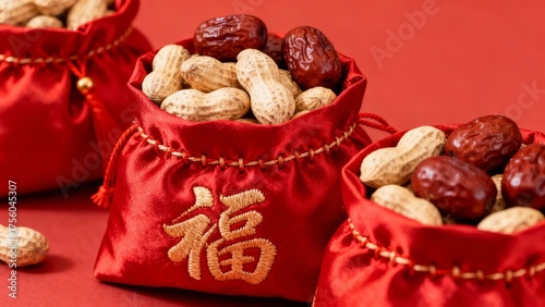 Red silk bags filled with peanuts and dates, embroidered with Chinese character 'Fu', symbolizing good fortune.