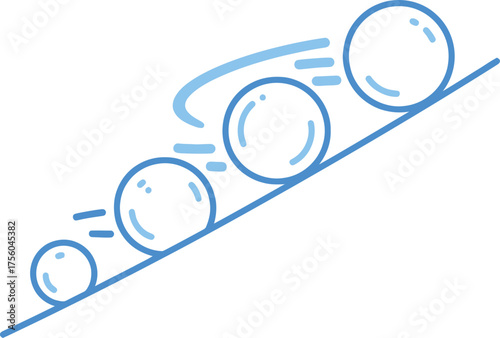 Blue balls rolling down a slope, increasing in size.