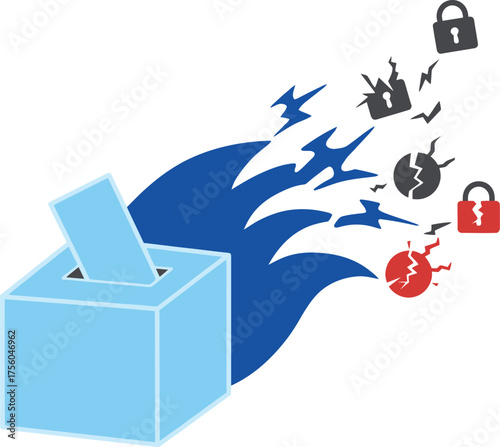 Ballot box icon, with cracks symbolizing security threats.