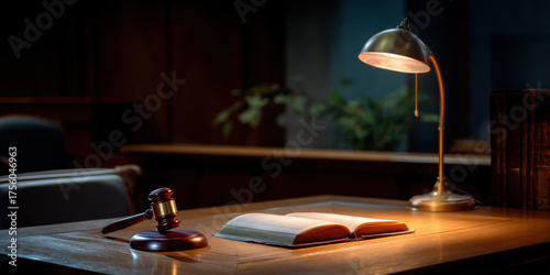 Open law book on wooden desk with judge gavel and desk lamp in courtroom mood, warm light casts dramatic legal atmosphere