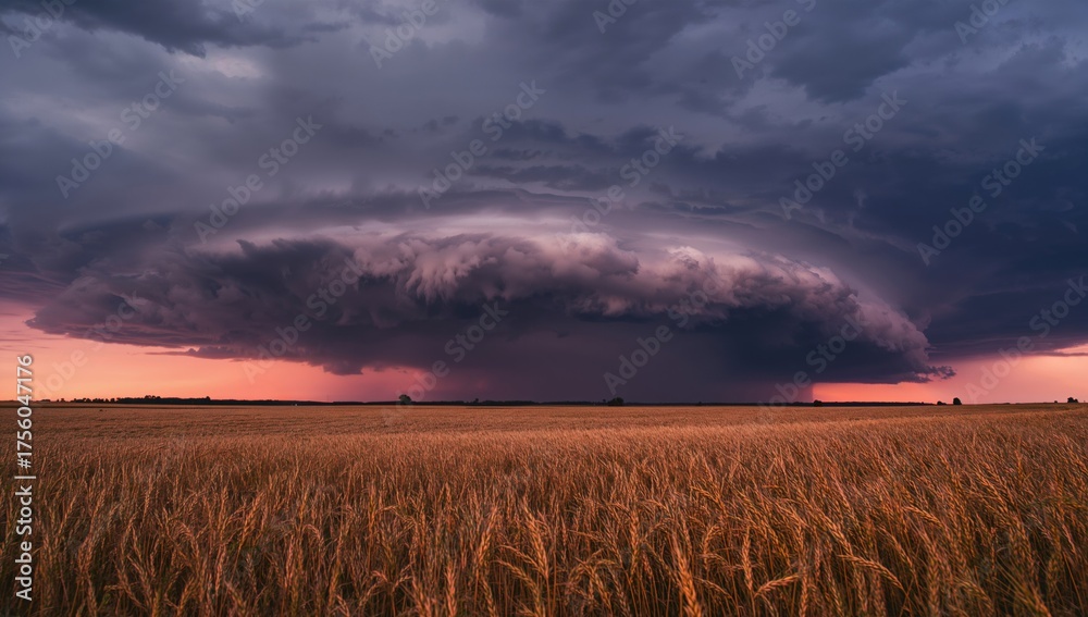 Fototapeta premium Dark clouds gather above golden wheat as cyclones and mesocyclones swirl at dusk