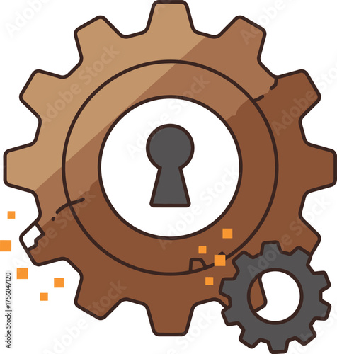 Gears and a keyhole in a stylized, digital .