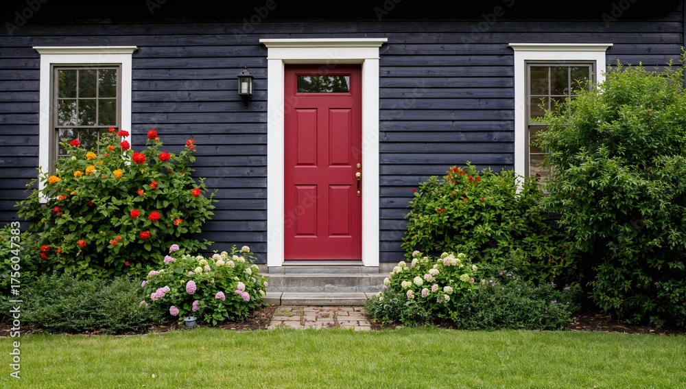 Fototapeta premium A wooden navy blue home with white accents features a vibrant red door surrounded by rich greenery and colorful flowers including hydrangeas and lush grass.