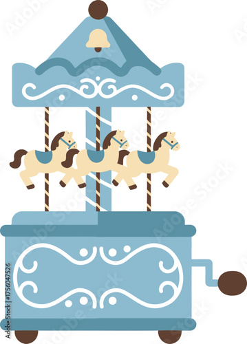 A vintage blue carousel toy with horses and a turning crank.