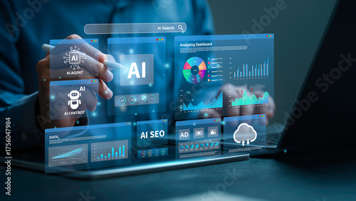 Businessman analyzes data using AI technology to work with tools, AI seo, search, Chat bot, smart robot technology and artificial intelligence concept. AI agent and workflow automation