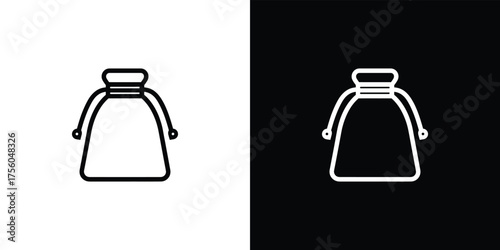 Black and White Pouch Outline, Cinch Top, Minimalist Style, Isolated Icon Design