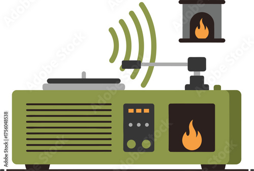 A stylized, green turntable with a fireplace and speaker with flames.