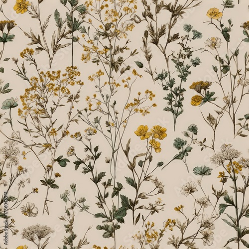Wildflower pattern for textile design. Leaves & blooms create meadow impression