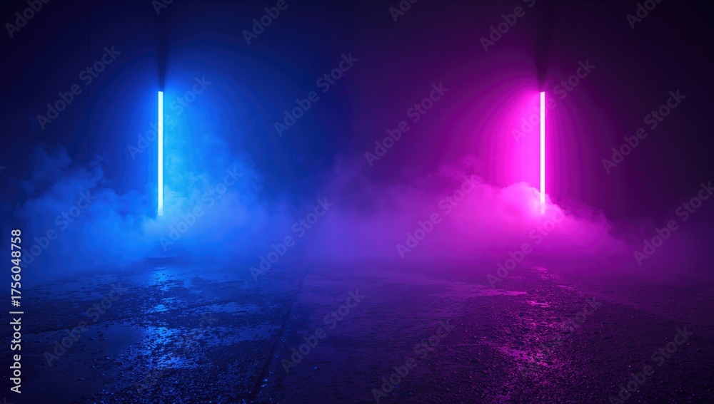 Fototapeta premium Empty space featuring concrete flooring illuminated by neon blue and pink lights with fog and reflective wet pavement
