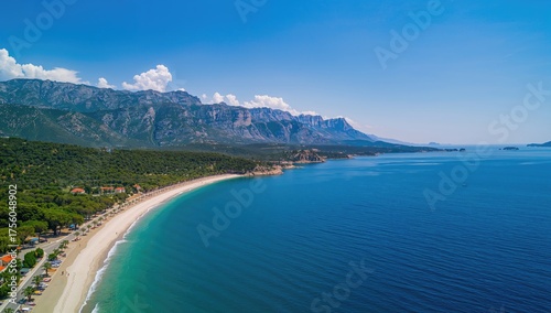 Fototapeta Naklejka Na Ścianę i Meble -  Aerial view of a coastal beach and shoreline in a Mediterranean region along the Adriatic Sea.