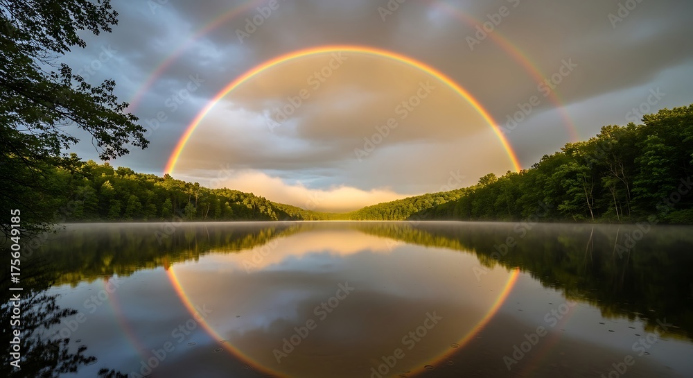 Naklejka premium Serene Lake Sunrise with Golden Arch Reflected in Calm Water.