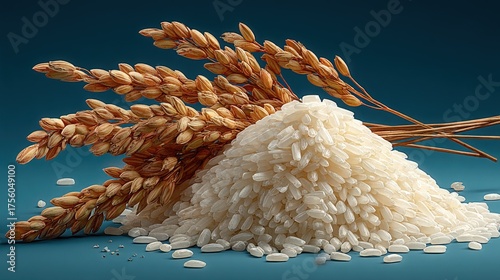 Highly Detailed Three Dimensional Rice Pile with Golden Oryza Sativa Grain Ear in Studio Lighting