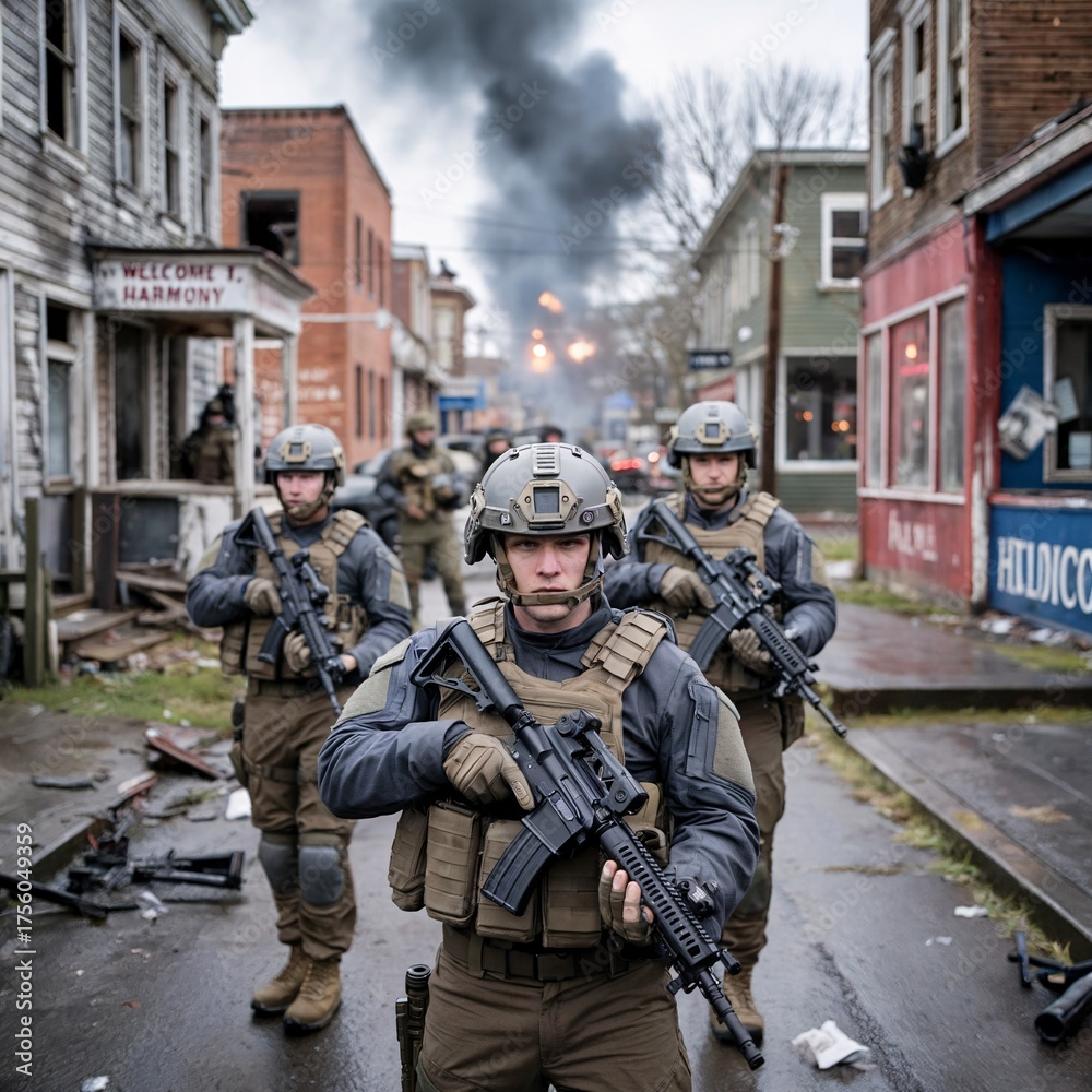 Fototapeta premium Soldiers In Tactical Gear March Through Smoke-Filled Urban Street During Active Conflict