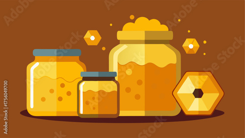A display of local honey with jars of golden liquid and chunks of honeycomb.