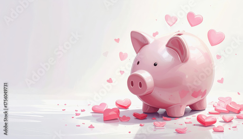 Adorable piggy bank surrounded by small hearts on a clean white background emphasizing love and saving money
